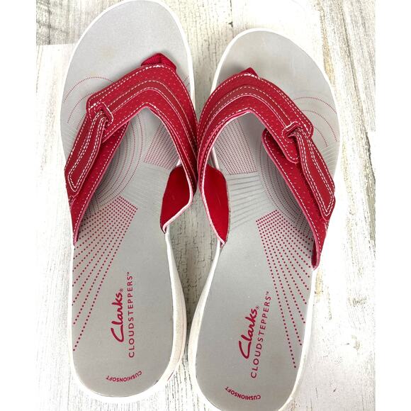 Clarks Womens 11 Red Leather Slip-On Cloudsteppers Brinkley Keely Sandals Shoes - Picture 5 of 8
